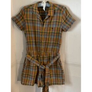 Plaid Short-Sleeve Romper in Mustard Plaid